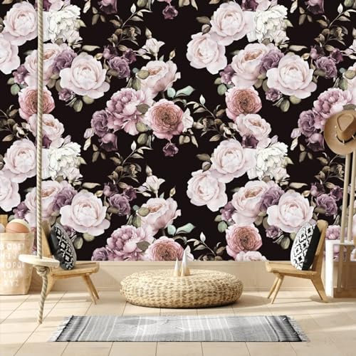 KoKoty Papier Peint Panoramique 3D Soie Fleurs roses pivoines fond noir-140 x 70 cm-Moderne Salon Chambre à Coucherr Salle Papier Peint décoration
