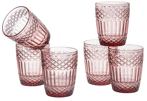 Baroni Home Set 6 pz di Bicchieri in Vetro Decorati con Rifiniture in Rilievo da 25 CL, Lavabili in Lavastoviglie, 8x8x10 cm, Cipria