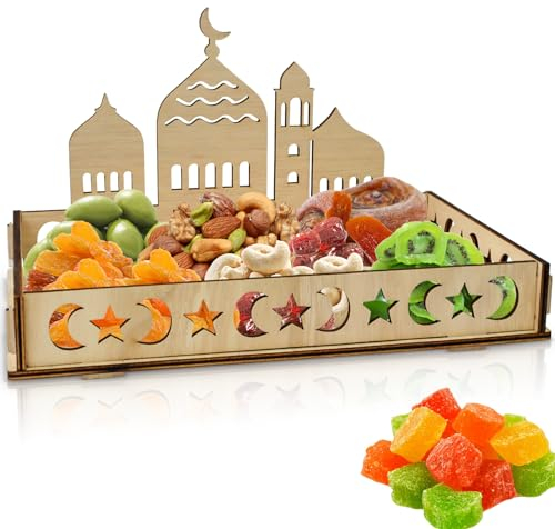 ENAIAH Ramadan Teller Eid Mubarak Tablett Ramadan Dekorieren Tablett Mond und Stern Eid Mubarak Teller Holz Tablett Eid Mubarak Tischdeko Teller,Für Süßigkeiten,Kuchen,Kekse,Eid Tischdekoration (A)