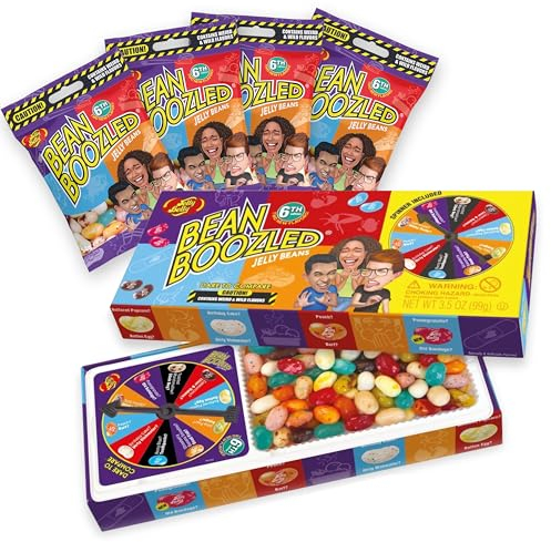 Jelly Belly Beans Boozled Glücksrad & Nachfüllset der 6. Generation, 100g + 4x54g Bags - eklige Geschmacksduelle wie Tutti-Frutti/Stinkende Socken, ideal für Partys & Spieleabende