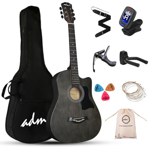 ADM Guitarra acústica para principiantes, 38 pulgadas, color azul para niños, estudiantes, adultos (cuerda de acero), color negro