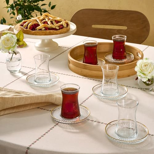 KARACA Nilufer Service à thé 6 verres avec soucoupes Transparent avec bordure dorée 12 cm