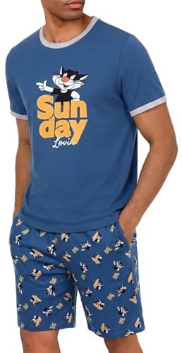 Demegimi Pyjama Court Homme Été Coton Décontracté Ensemble de Pyjamas pour Hommes Ete Pyjamas D'été pour Hommes Pyjamas à Manches Courtes Impression de Motif Mignon