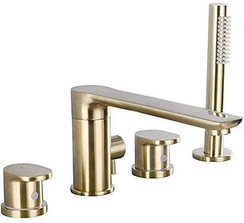 ATHUAH Grifo de bañera de 4 orificios de oro cepillado,Grifo de bañera con ducha de mano,Grifo mezclador de bañera de montaje en cubierta de latón macizo,Grifo de bañera romana de baño