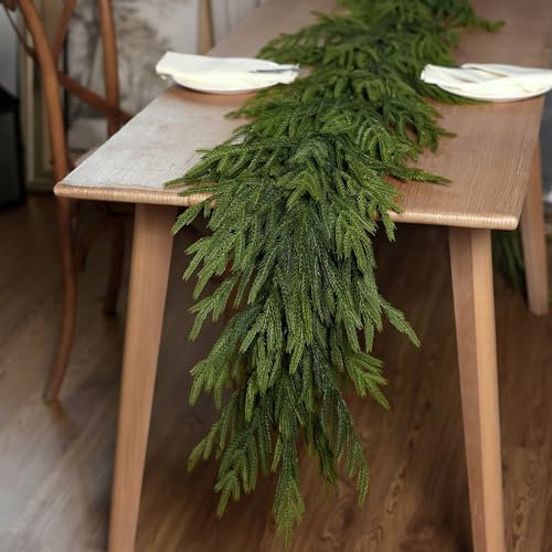 6 FT Real Touch Norfolk Pine Garland Green Artificial Christmas Garland Faux Greenery Garland for Holiday Fireplace Mantle Window Indoor Outdoor Decor (2 PCS)