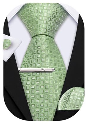 Barry.Wang Krawatten-Set für Herren, einfarbig, Seide, 8,4 cm, Krawatte, Einstecktuch, Manschettenknöpfe, Clip-Set, Business, Hochzeit, Party, Krawatte für Herren, salbeigrün, Einheitsgröße