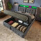 Ymkua Polsterbett Doppelbett Bett 180x200 cm mit LED-Kopfteil, Jugendbett mit Stauraum und USB-Typ-C Ladefunktion, Stauraumbett Bettgestell mit Lattenrost aus Holz, Grau, Baumwolle, Ohne Matratze