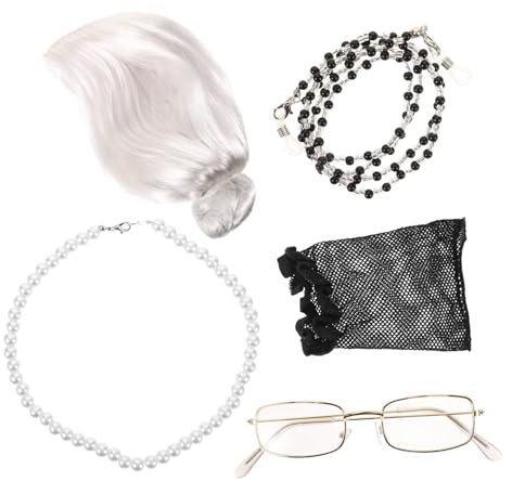WRITWAA Perücke Für Alte Dame Kostüm Graue Perücke Brille Kette Und Ohrringe Oma-perücke Set Für Partys