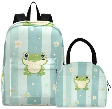 RPLIFE Linda mochila de dibujos animados a cuadros para niños, lonchera hielera impermeable, mochilas para niñas con lonchera, Cute Frog Stripe Teal 2, Talla única