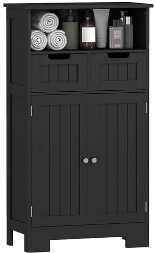 kleankin Meuble de Salle de Bain, Meuble de Rangement avec 2 tiroirs, Niche, Placard avec Porte, étagère réglable, Armoire de Salle de Bain, Cuisine, Salon, 60 x 30 x 109 cm, Noir