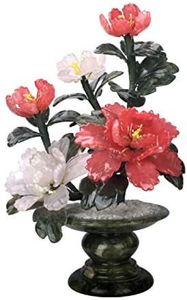 SBCGFY Artificial Plants Indoor 11.8 Inch Jade Carving Peony Flower Bonsai Gem Stone Money Tree Natural Amethyst Art Ornament Indoor Artificial Tree Fake Plant