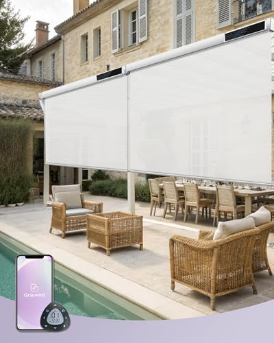 Graywind Elektrische Außenrollo Senkrechtmarkise, Wasserdicht UV-Schutz Smart Sonnenschutzrollo, Solarbetrieben Balkonrollo mit Fernbedienung Kompatibel Alexa Google (140 * 240cm, 1% White)