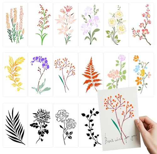 MUWINC Graffiti Blumen Schablonen zum Malen Set, 16 Stück, 178 x 98 mm | Wiederverwendbare Zeichenschablone, für DIY-Sammelalben, Karten und Andere Bastelprojekte