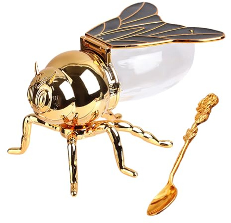 Bee Honey Jar, Decorative Bee-Shaped Honey Pot with Spoon, Glass Syrup Dispenser, Novelty Sugar Bowl, Kitchen Condiment Pot for Breakfast Food