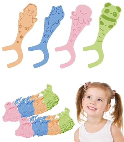 FUGLUS 80 Piezas Hilo Dental Para Niños,Interdentales Con Mango Adecuado Para Niños,Seda Dental Stick Kinde Dental Floss Para Espacios Interdentales Estrechos