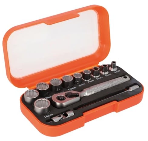 Bahco SBS13MC10.5 13 Piece 1/4in Drive Socket Set Compact Carry Case Kit | 13 piece 1/4in drive socket set with bi-hex sockets, quick release ratchet, universal joint and 100mm wobble extension.