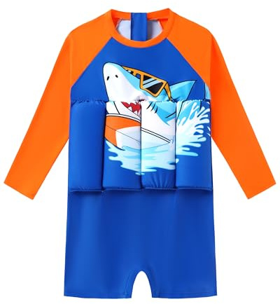 Toddler Boy Swimsuit Summer One Piece Long Sleeve Bathing Suits with Adjustable Buoyancy Float Suit Swimwear Shark Beach Toddler Swim Floaties 5t