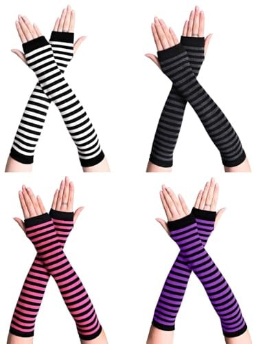 MenYiYDS 4 Paare Damen Lange Fingerlose Handschuhe, Armstulpen Damen, Gestreift Stricken Armwärmer für Frauen, Y2k Streifen Fingerlose Armstulpen Handschuhe für Herbst Winter, Arm Sleeve, Armsleeve