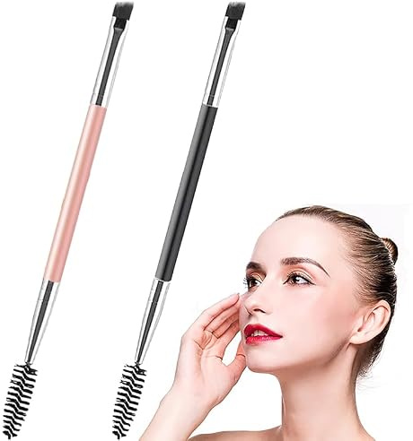 2Pcs Duo Eyebrow Brush – Angled Brushes, Spoolies & Eyelash Comb for Perfect Shaping & Grooming(1 Black + 1 Pink)