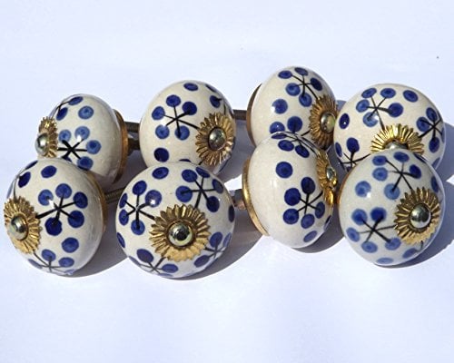 8 x Antique White Round with Black stem and Blue Spots (Brass Fittings) Ceramic Cupboard Door knob Drawer Pull Shabby Chic Handle Porcelain