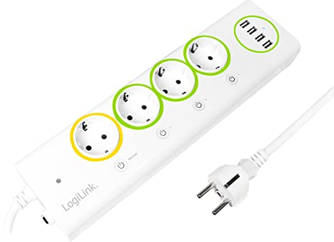 LogiLink PA0130 LogiSmart Master/Slave Steckdosenleiste mit 4X USB, Strommessung und Schalter, 3680 W, 230 V, weiß