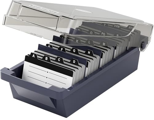 MaxGear Business Card Holder Desk, Large Plastic Business Card Organizer Box with Lid, Credit Cards Holder File Storage Case for Office & Home, Holds 500 3.5” x 2.2” Cards with A-Z Index Tabs, Gray