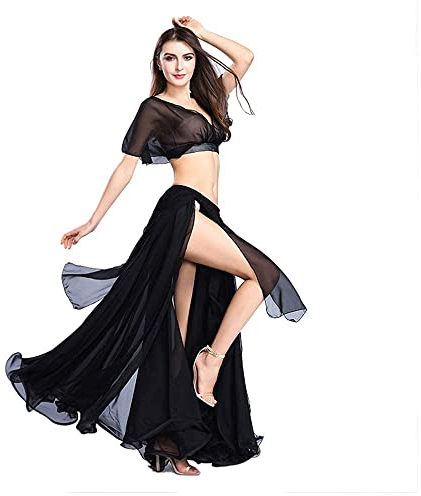 ROYAL SMEELA Bauchtanz Rock Top Damen Bauchtanz Kostüm Set für Frauen Sexy Schlitz Tanzen Chiffon Rock und Top Bauchtanz Outfit Kleid Oberteil Röcke Anzug