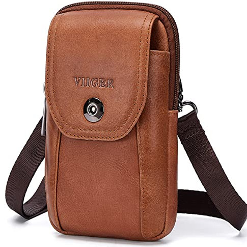 VIIGER Genuine Leather Cell Phone Holster Magnetic Cover Belt Clip Pouch Compatible for iPhone 16 Pro Max Case 15 Pro Max S25 Ultra with Belt Loop Crossbody Phone Purse Shoulder Bag for Women, Brown