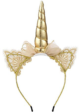 Ototon Serre-tête Licorne avec Dentelle Bowknot Oreilles de chat Bandeau Cheveux Fantaisie Décoration Pour Enfant Cadeau Fête Halloween Party (Or)
