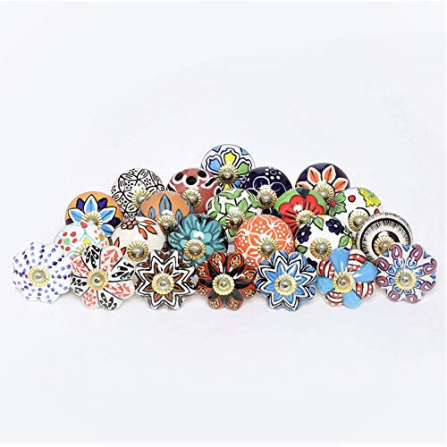 FOLK CRAFT Multicolor Decorative Floral Drawer Knobs - Pack of 25 Pcs - Brass Steel Cabinet Door Handle Blue Pottery Flower Handmade Rajasthani Home Decor Hardware