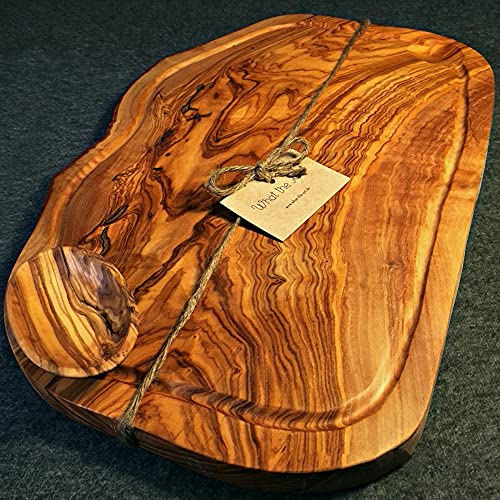 What the Art!® Olive Wood «Big Rustic» XXL | Olive wood cutting chopping board + dip bowl + gift | approx. 54-59 x 20-26 x 2 cm