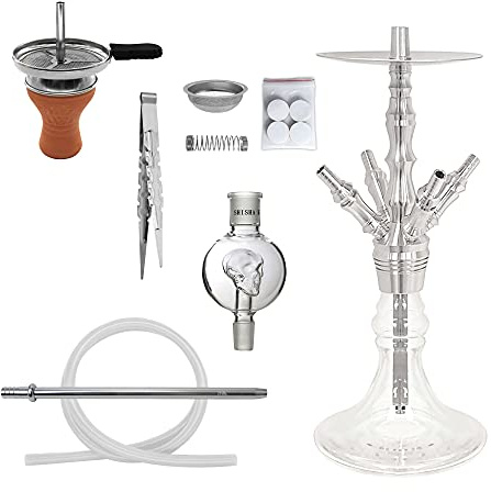 Skynet® 2K20 1.0 Shisha Set Hookah 56cm Edelstahl + Zubehör | 4 Anschluss Wasserpfeife Komplett Set Schlauch Tonkopf Mundstück Kaminaufsatz Molassefänger 18/8 Schliff Totenkopf