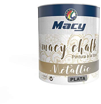 Macy Peinture Chalk pour intérieur. Finition effet craie-poudré. Redécore vos meubles. 750 ml. Couleur métallisée argentée