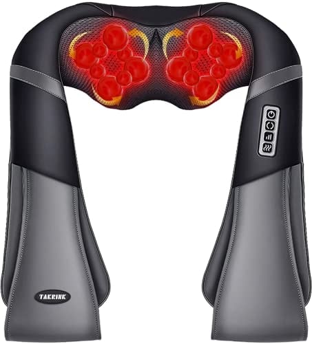 TAKRINK Masajeador Shiatsu 16 Cabezales de Masaje Integrados Masajeador de Hombros Cuello 3 Niveles de Velocidad Dirección Ajustable Relajación con Calor en Oficina Casa