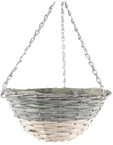 2 x 12 Garden ROUND Shaped Wooden Hanging Baskets Grey/White Indoor Outdoor Planter Weave Rattan Wicker