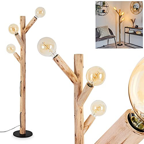 Stehleuchte Pozos, 3-flammige Bodenlampe aus Metall in Schwarz und Holz, Boho Style Standlampe mit Lichteffekt an der Wand, 3 x E27 max. 60 Watt, Fußschalter am Kabel
