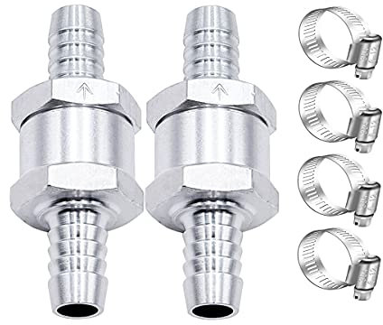 mxuteuk 2Pcs 3/8 10mm Aluminium Silver Non Return One Way Check Valve with 4Pcs 6-12mm Universal Adjustable Hose Clamps for Fuel Petrol Diesel Line Oil M-H-032-10mm