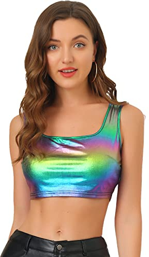 Allegra K Donna Top Corto Lucido Metallizzato Crop Top Senza Maniche con Scollo a U Canottiera Canotta da Ballo Clubwear per Nightclub Party