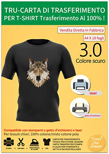 TransOurDream A4X10, Carta per trasferimento in Tessuto per Cotone Leggero, stampanti a Getto d'inchiostro e Laser, Carta per trasferimento in Tessuto, Colore: Scuro(I-D-3.0-10)