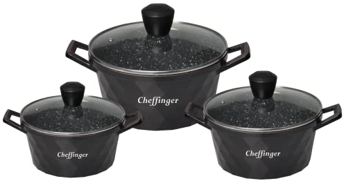 Diamant Kochgeschirr 6 teilig Topf Induktion Alu Guss Kochtopfset Marmor Schwarz