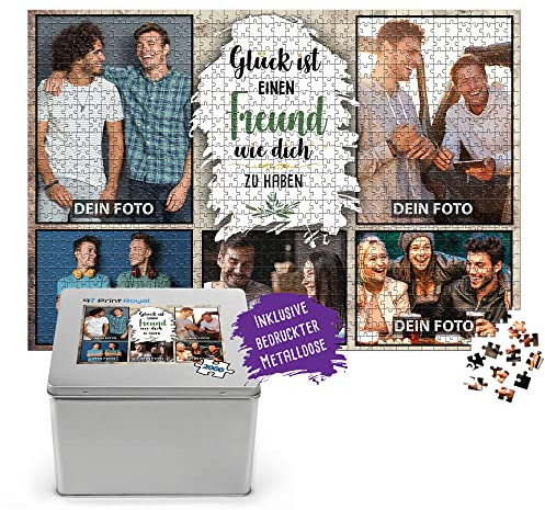 Foto-Puzzle mit 5 Fotos Bedrucken - Glück ist einen Freund wie Dich zu haben - Collagen-Puzzle selber gestalten für den Freund - 2000 Teile inkl. hochwertiger Metalldose