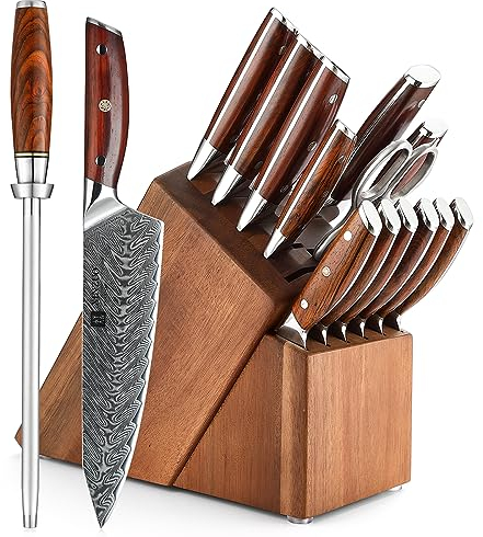 XINZUO Damaskus Küchenmesser Set 15er mit Akazienholz Messerblock, 67 Schichten Damaststahl Scharf profi Kochmesser Set -Multifunktionale Küchenschere und Wetzstahl -Rosewood Griff