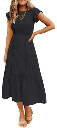 ZESICA - Women's Short Sleeve Ruffle Short Sleeve Crew Neck Ruched Elastic Waist Summer Dress