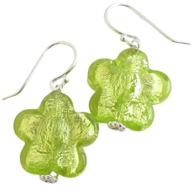 Orecchini da donna in argento sterling con fiori verde lime in vetro di Murano