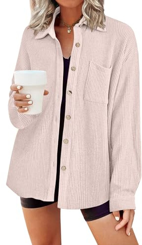 HOTOUCH Womens Button Down Shirt Waffle Long Sleeve Casual Shacket Khaki L