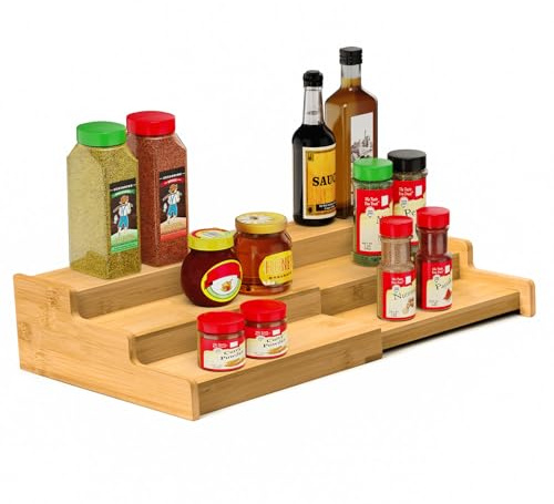 VenDotbi Spice Rack, 3-Tier Expandable Bamboo Spice Rack Organizer for Cabinet - Kitchen, Pantry and Cupboard Storage Organizer