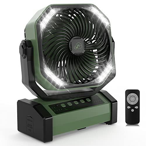 20000mAh Camping Fan with LED Light, Auto-Oscillating Desk Fan with Remote & Hook, Rechargeable Battery Operated Tent Fan, 4 Speeds 4 Timers USB Fan for Camping Jobsite Hurricane Emergency-Army Green