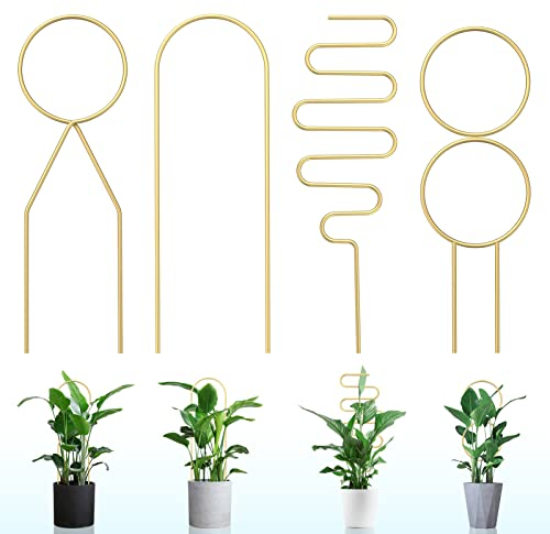 4 enrejados de soportes para plantas para macetas, enrejado de metal pequeño para plantas trepadoras en interiores y exteriores, soporte de plantas en maceta, flor, monstera (dorado)