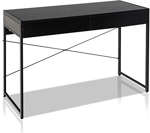 GOPLUS Computertisch mit Schubladen, Schreibtisch mit 2 Schubladen und Stahlrahmen, industrieller Arbeitstisch für Wohnzimmer Schlafzimmer Arbeitszimmer (Schwarz)