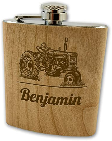 Holz Flachmann mit Name graviert | Geschenkidee Landwirt Oldtimer Vatertag Männertag | Gravur personalisiertes Geschenk Camping (Traktor)